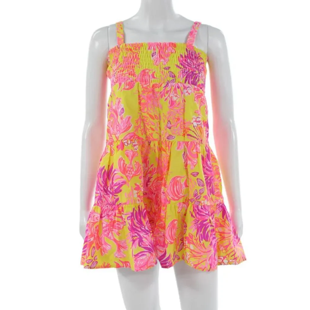 Lilly Pulitzer Girls Yellow Cotton Sundress Square Neck Short Size L